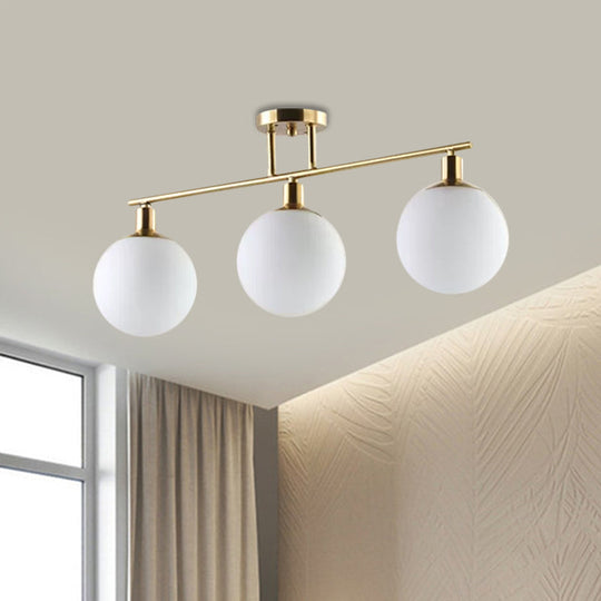 Modern Milk Glass Orb Linear Chandelier Pendant Light - 2/3 Heads Gold Finish