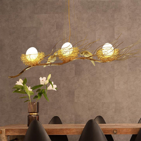 Modern Gold Nest Island Pendant Chandelier With Bird Decor - 3 Head Metal Lighting