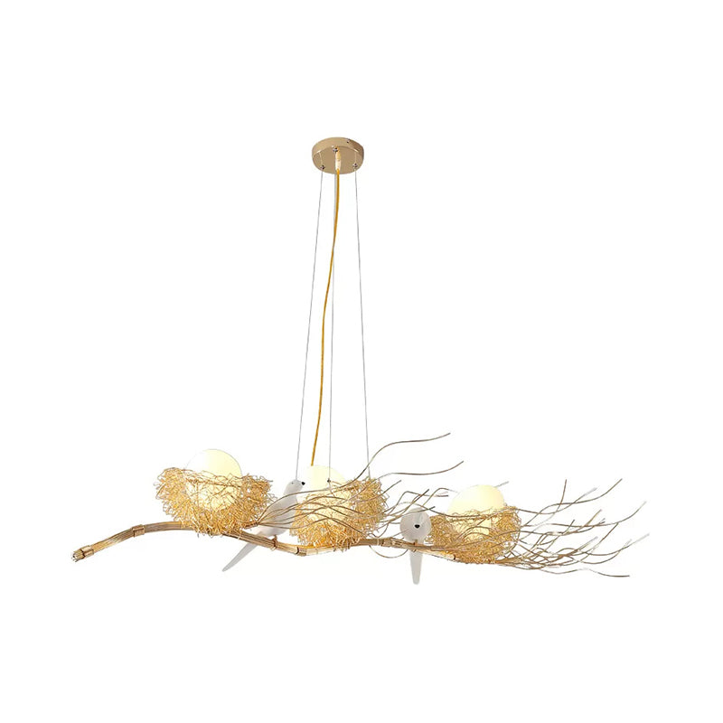 Modern Gold Nest Island Pendant Chandelier With Bird Decor - 3 Head Metal Lighting