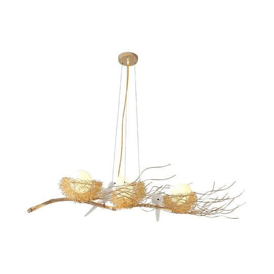 Modern Gold Nest Island Pendant Chandelier With Bird Decor - 3 Head Metal Lighting