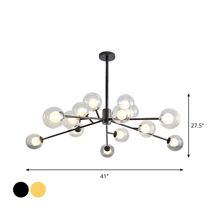 Modern Black/Gold Branching Chandelier - 9/12 Light Glass Shade Pendant