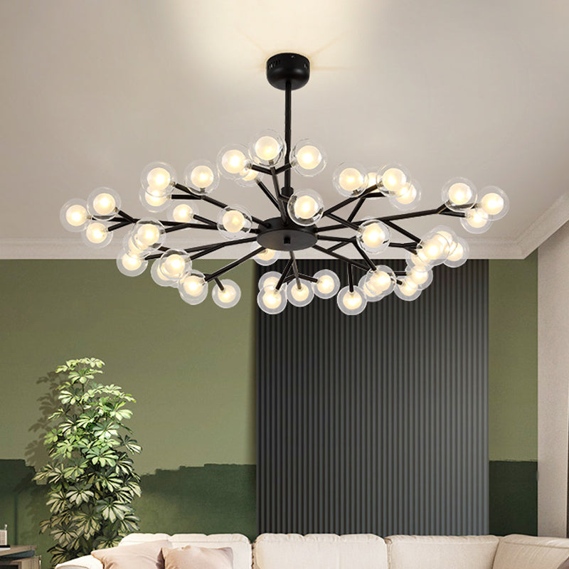 Modern Nordic Style Black Branching Chandelier Pendant Light - Metal Hanging With Clear Glass Ball