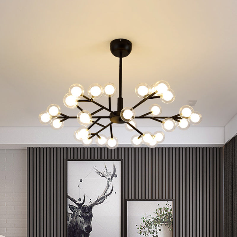 Modern Nordic Style Black Branching Chandelier Pendant Light - Metal Hanging With Clear Glass Ball