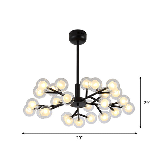 Modern Nordic Style Black Branching Chandelier Pendant Light - Metal Hanging With Clear Glass Ball