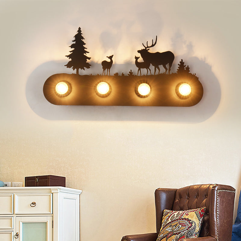 Rustic Deer Metal Wall Sconce Light With 4 Bulbs - Black Conveyor Belt Design For Living Room