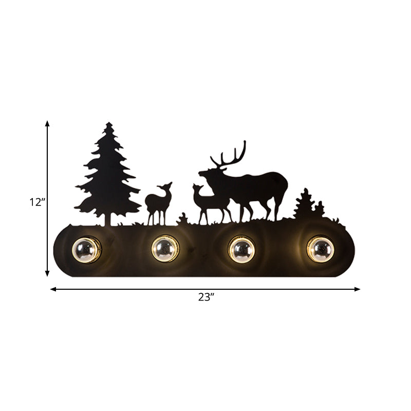 Rustic Deer Metal Wall Sconce Light With 4 Bulbs - Black Conveyor Belt Design For Living Room