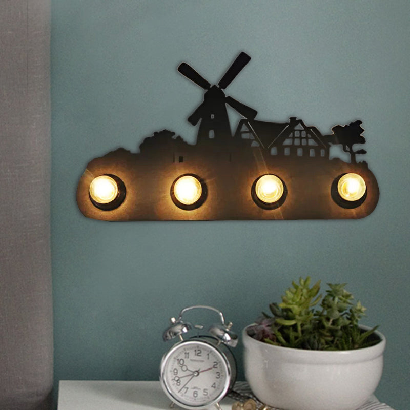 Vintage Conveyor Belt Sconce Light Black Metal 4-Light Wall Lamp With Windmill Detail For Bedroom