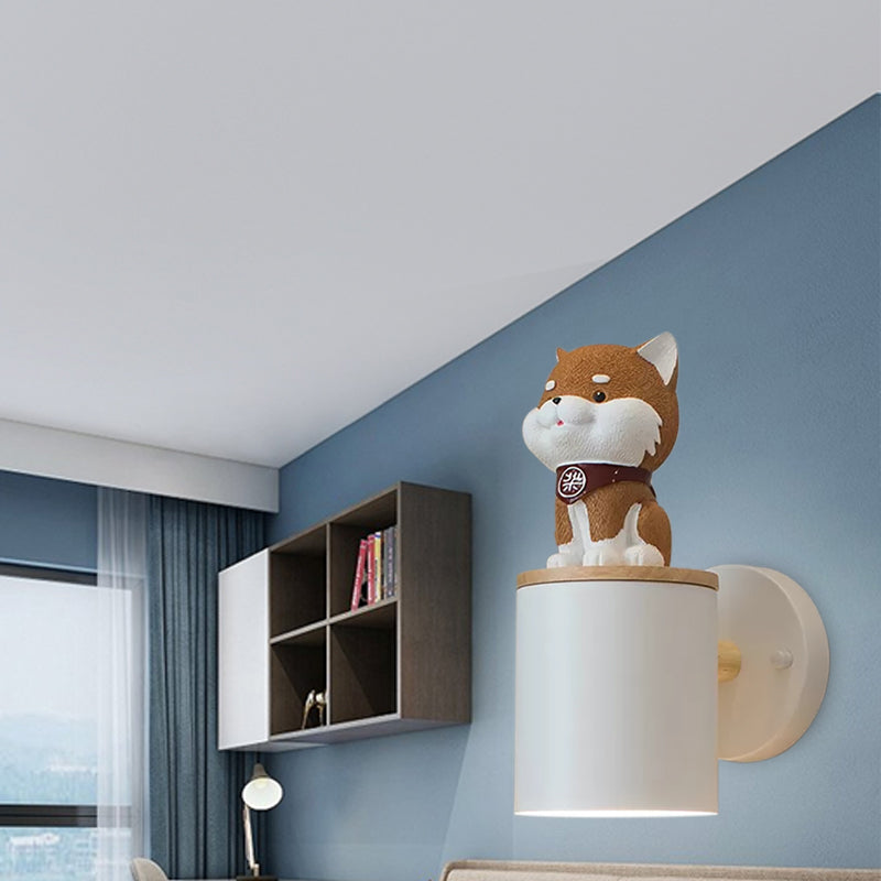 Modern White Metal Cylindrical Wall Light With Doggy Child Bedroom Sconce