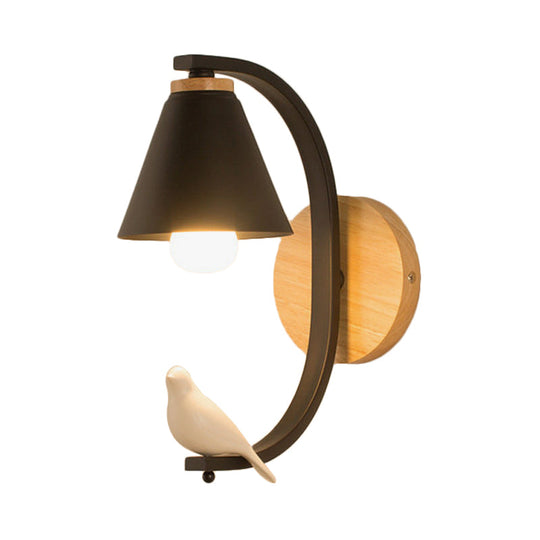 Nordic Conical Wall Light With Bird Design - 1 Head Metal Sconce For Bedroom And Hallway