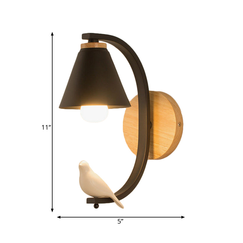 Nordic Conical Wall Light With Bird Design - 1 Head Metal Sconce For Bedroom And Hallway