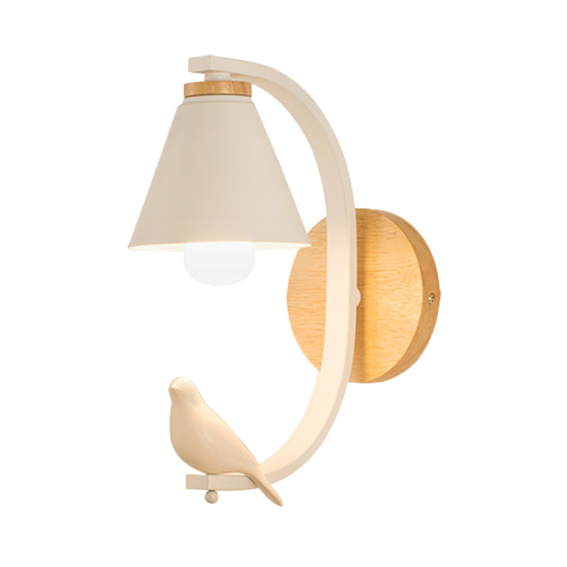 Nordic Conical Wall Light With Bird Design - 1 Head Metal Sconce For Bedroom And Hallway