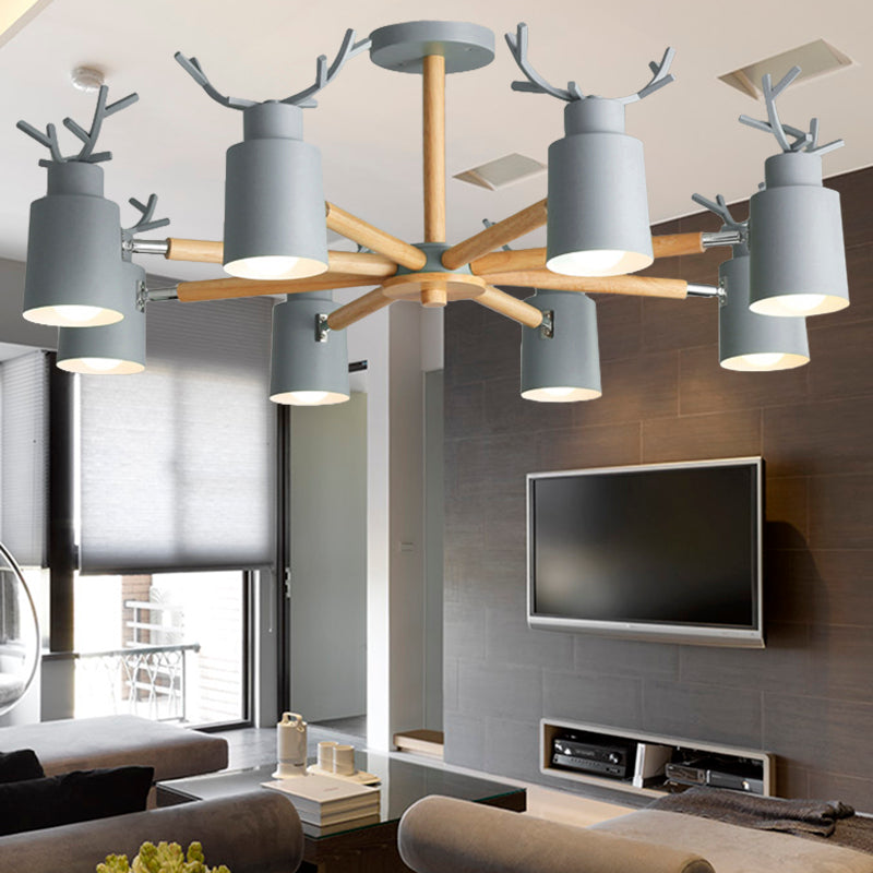 Rustic Metal Pendant Light: Deer Horn Chandelier With 8 Lights - Elegant Living Room Decor Grey