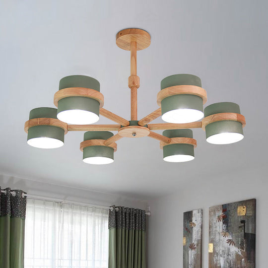 Nordic Wood Cylinder Chandelier - 6-Light Ceiling Pendant For Foyer And Cloth Shop