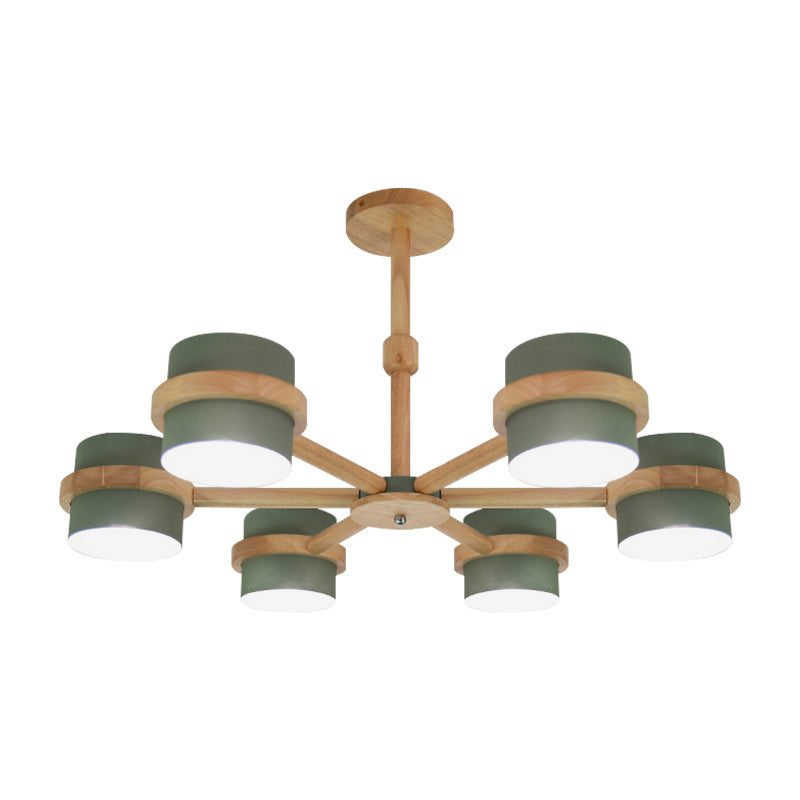 Nordic Wood Cylinder Chandelier - 6-Light Ceiling Pendant For Foyer And Cloth Shop