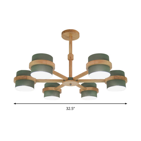 Nordic Wood Cylinder Chandelier - 6-Light Ceiling Pendant For Foyer And Cloth Shop