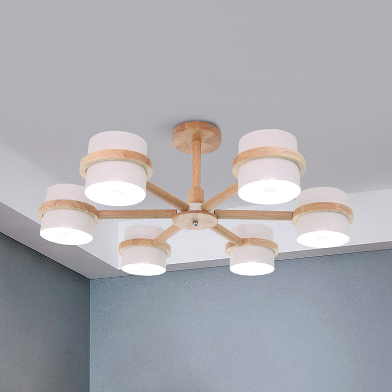 Nordic Wood Cylinder Chandelier - 6-Light Ceiling Pendant For Foyer And Cloth Shop