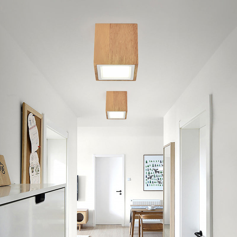 Asian-inspired Office Ceiling Lamp with Wood and Beige Finish