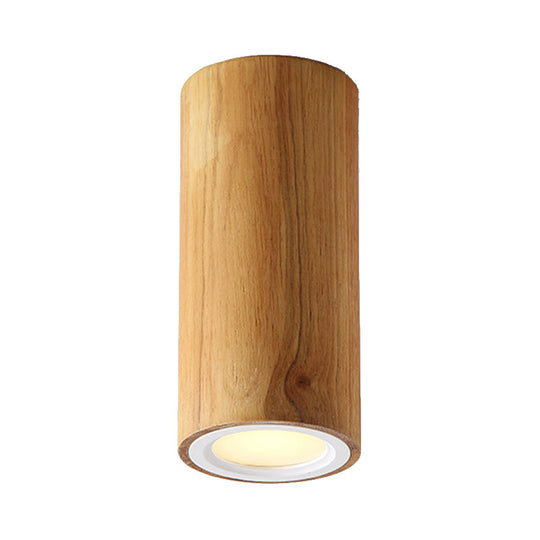 Beige Wood Cylinder Down Light - Asian Inspired Flush Mount For Dining Room