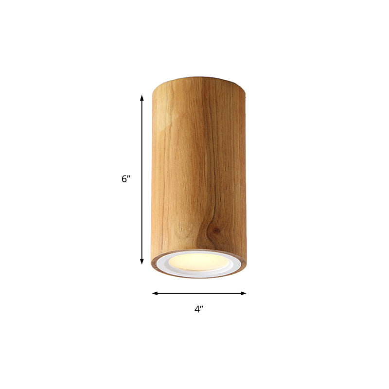 Beige Wood Cylinder Down Light - Asian Inspired Flush Mount For Dining Room