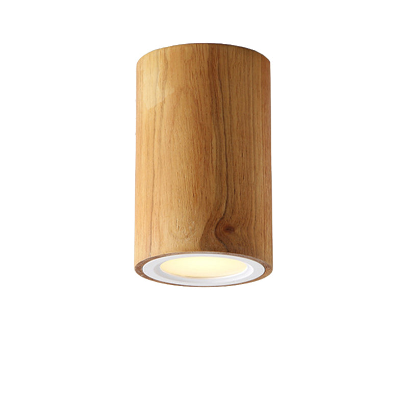 Beige Wood Cylinder Down Light - Asian Inspired Flush Mount For Dining Room