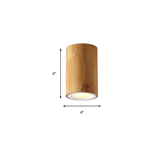 Beige Wood Cylinder Down Light - Asian Inspired Flush Mount For Dining Room