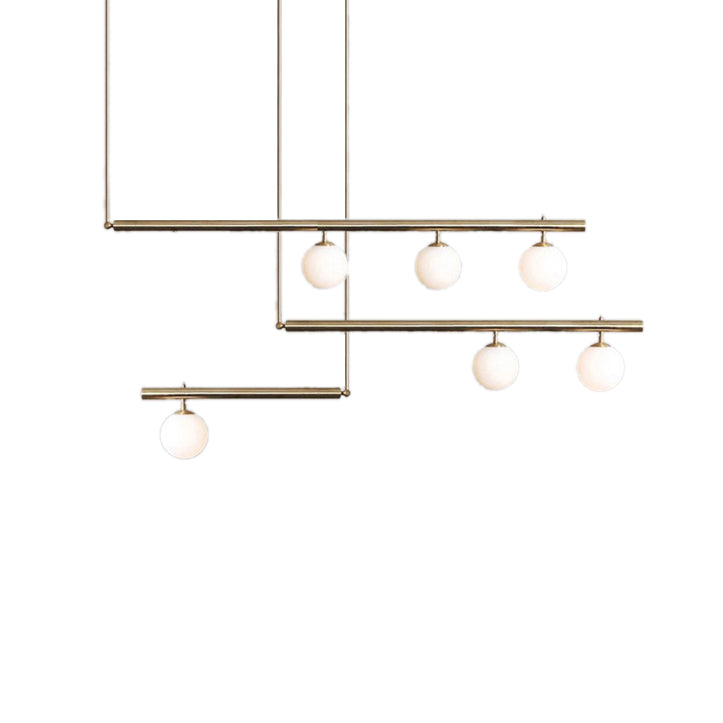 Modern Brass Pendant Light With Orbit Shade: Linear Office Chandelier (3/6/7 Lights)