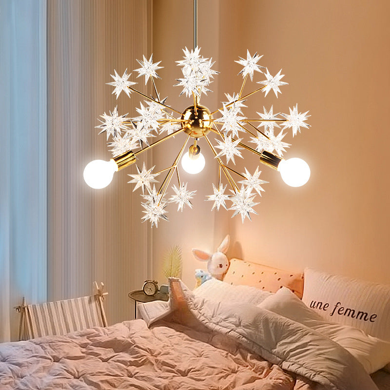 Gold Star Chandelier With 3 Lights - Romantic Metal Hanging Light For Child Bedroom Or Hotel Décor