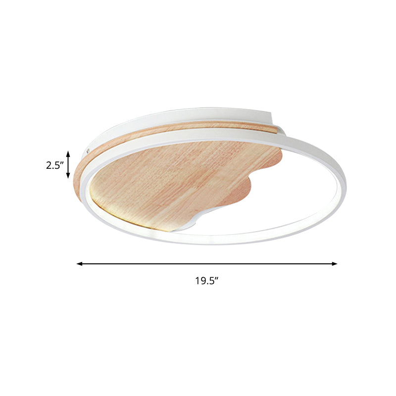 Nordic Wave Flush Ceiling Light with Wood Ring - White Ceiling Fixture for Study Room