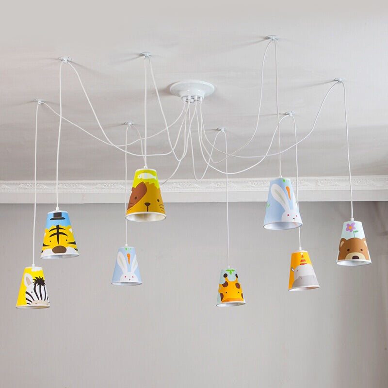 Animal Cartoon Bucket Hanging Light: 8-Light Fabric Pendant For Kindergarten