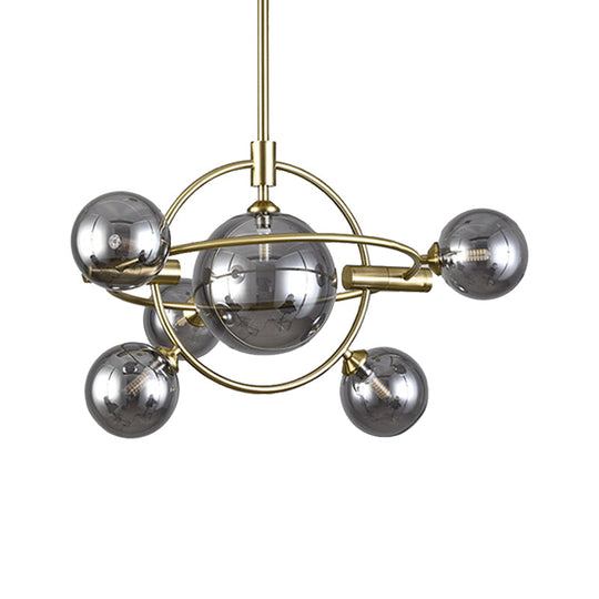 Contemporary Gold Pendant Light With Amber/Clear/Smoke Glass Sphere Shade - Living Room Chandelier