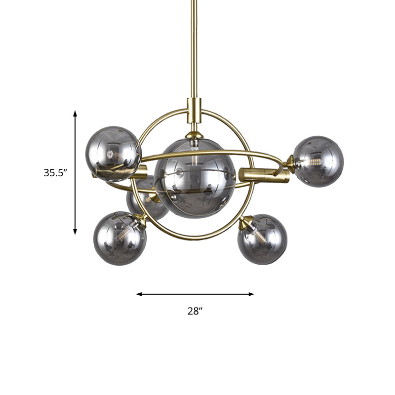 Contemporary Gold Pendant Light With Amber/Clear/Smoke Glass Sphere Shade - Living Room Chandelier