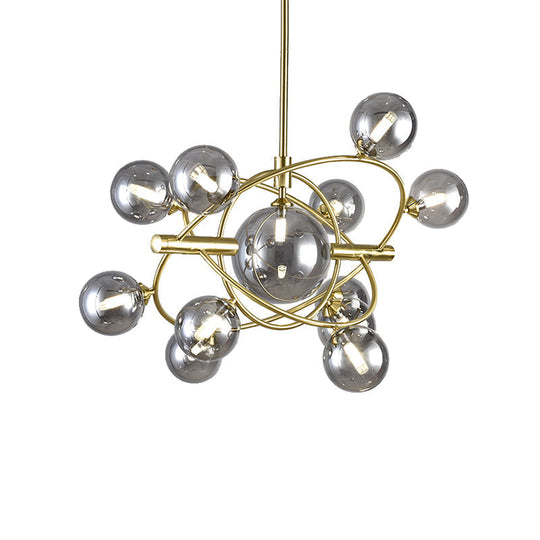 Contemporary Gold Pendant Light With Amber/Clear/Smoke Glass Sphere Shade - Living Room Chandelier