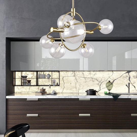 Contemporary Gold Pendant Light With Amber/Clear/Smoke Glass Sphere Shade - Living Room Chandelier