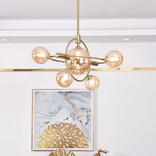 Contemporary Gold Pendant Light With Amber/Clear/Smoke Glass Sphere Shade - Living Room Chandelier 6