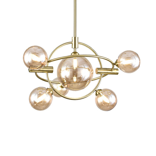 Contemporary Gold Pendant Light With Amber/Clear/Smoke Glass Sphere Shade - Living Room Chandelier