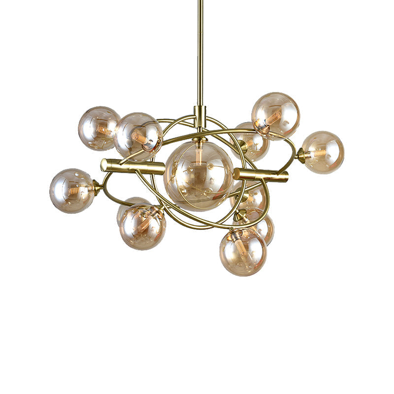 Contemporary Gold Pendant Light With Amber/Clear/Smoke Glass Sphere Shade - Living Room Chandelier