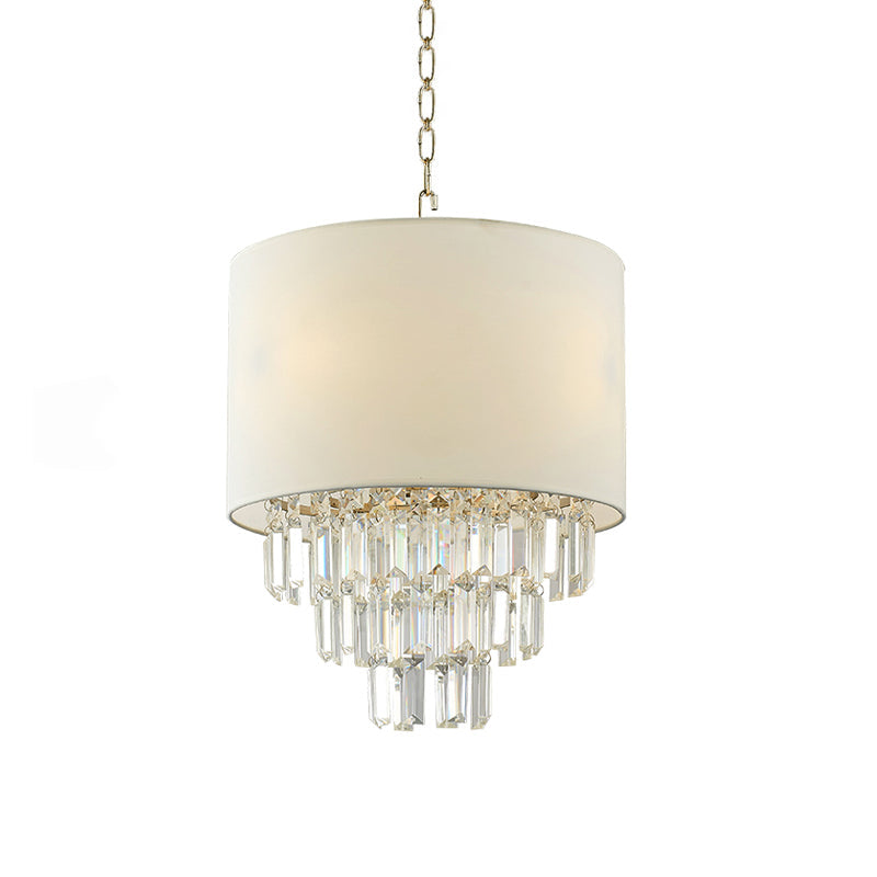 Crystal Deco Drum Pendant Light For Modern Kitchen - White Fabric