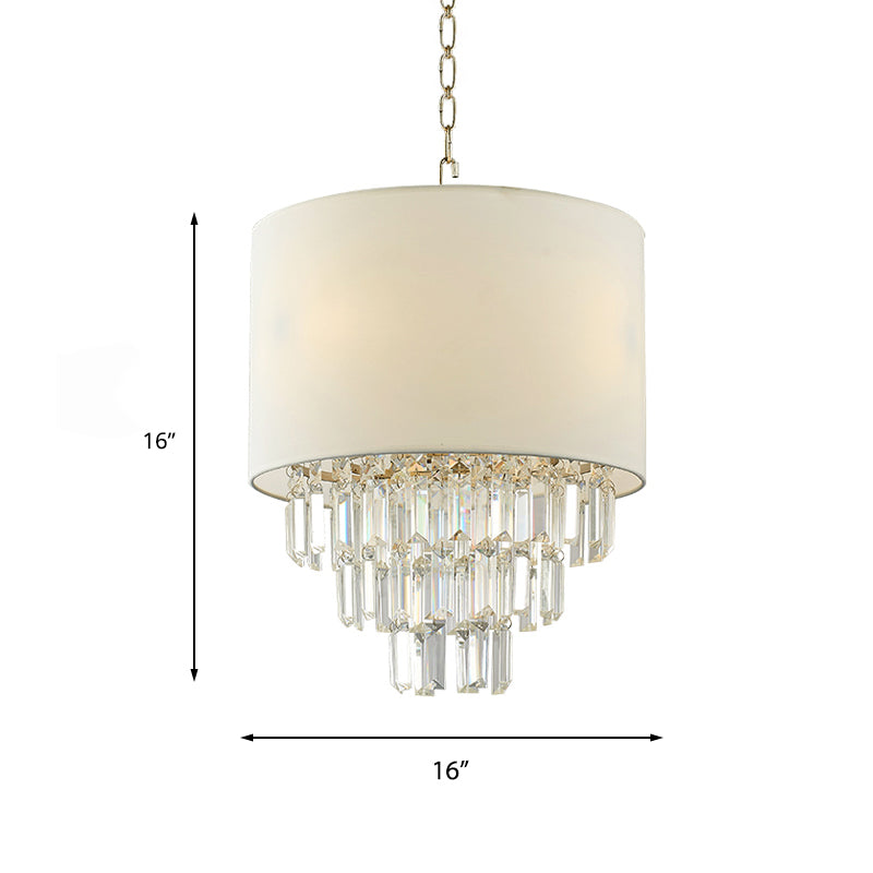 Crystal Deco Drum Pendant Light For Modern Kitchen - White Fabric