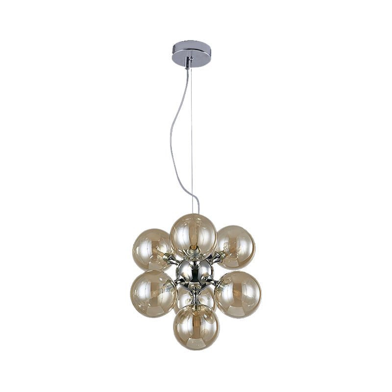 Modern Round Shade Chandelier With Amber/Smoke/White Glass - 9-Light Pendant Lighting For Hotel