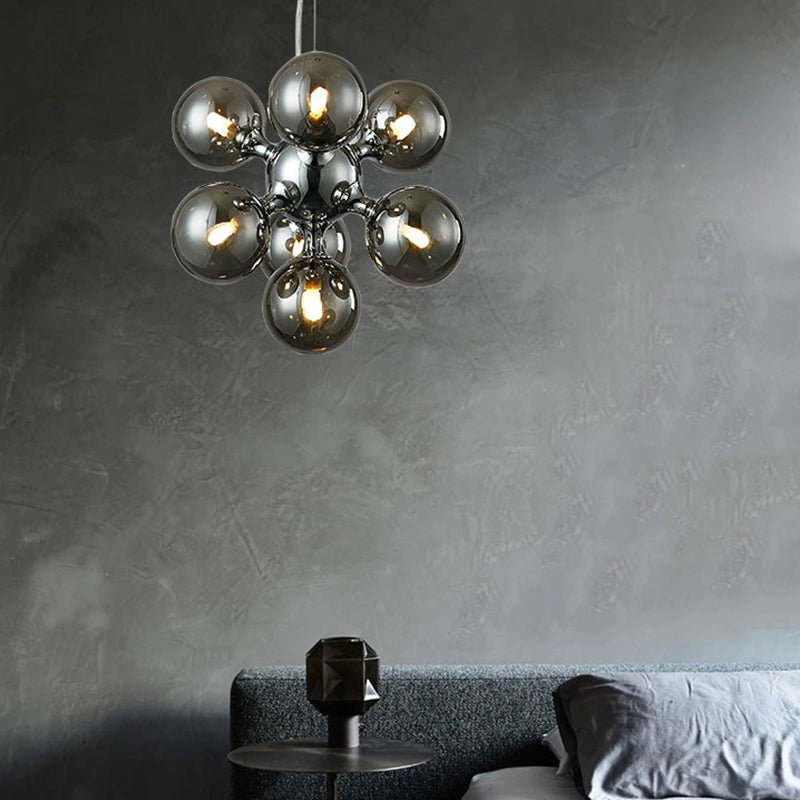 Modern Round Shade Chandelier With Amber/Smoke/White Glass - 9-Light Pendant Lighting For Hotel