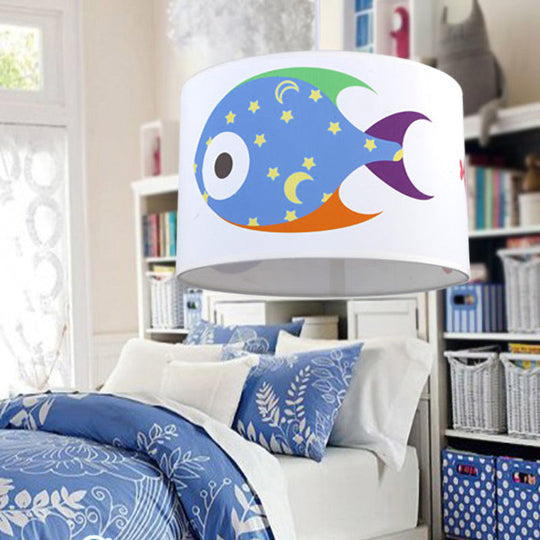 Fish Fabric Cartoon Drum Pendant Light For Kids Room