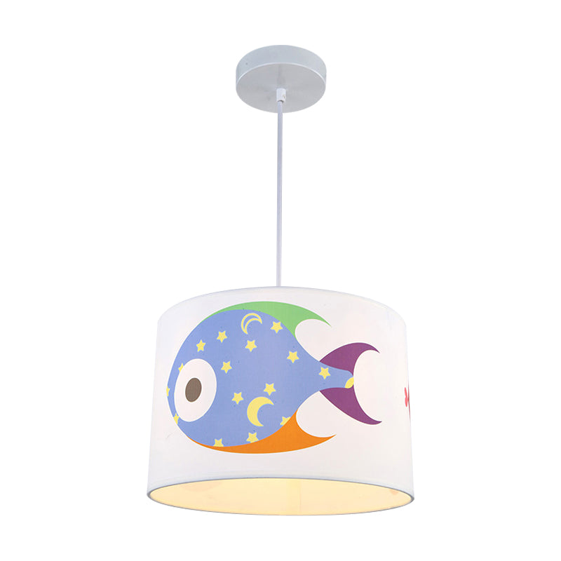 Fish Fabric Cartoon Drum Pendant Light For Kids Room