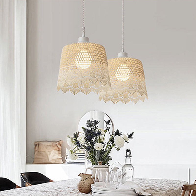 Drum Pendant Lamp: Simple Style 1 Light Beige Hanging For Restaurants