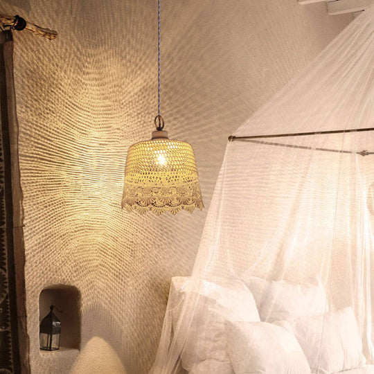 Beige Cylinder Fabric Pendant Light For Study Room