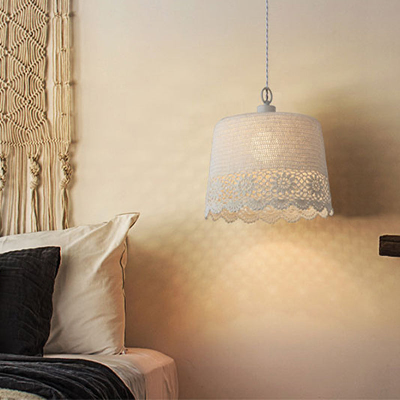 Stylish Beige Fabric Hanging Pendant Light For Adult Bedroom With Modern Drum Design