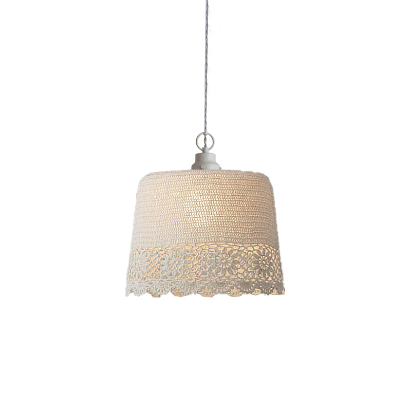 Stylish Beige Fabric Hanging Pendant Light For Adult Bedroom With Modern Drum Design