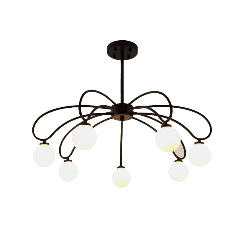 Contemporary Black Curved Arm Chandelier With Orbit Shade - 8 Light Metal Pendant