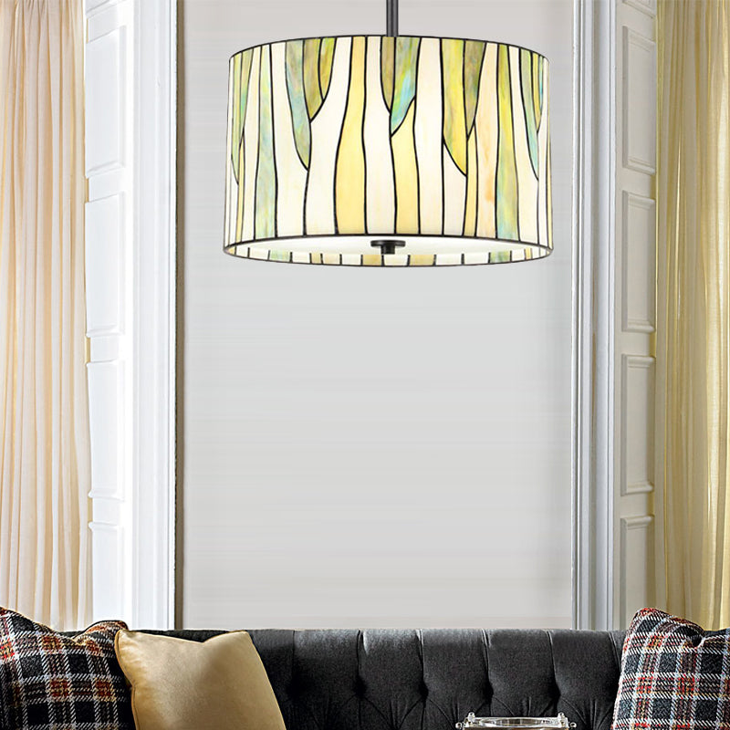 Handcrafted Tiffany Style Yellow Drum Suspension Lamp For Living Room