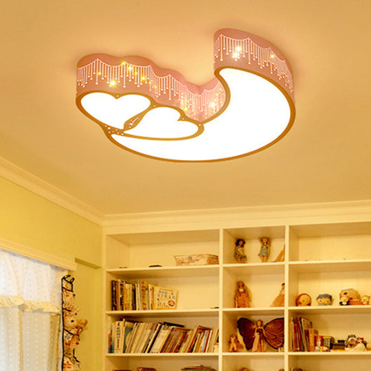 Kids Cartoon Moon Heart Led Ceiling Light - Metal Acrylic Mount For Bedroom Pink / White