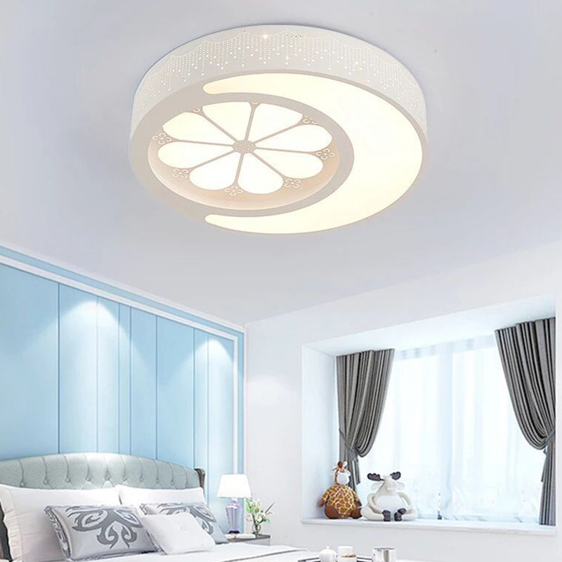 Children's Metallic Ceiling Lamp: Circular LED Flush Mount Light with Crescent and Flower Design for Girl's Bedroom